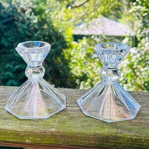 Vintage Oleg Cassini Pair of Clear Crystal Glass Candlestick Holders